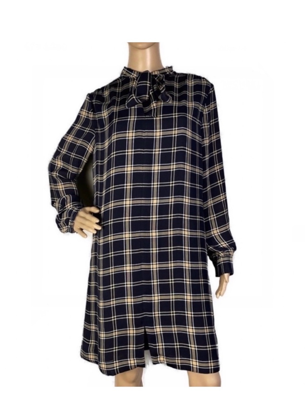 Michael Kors Navy & Cream Plaid Bow-Neck Long Sleeve Shift Dress